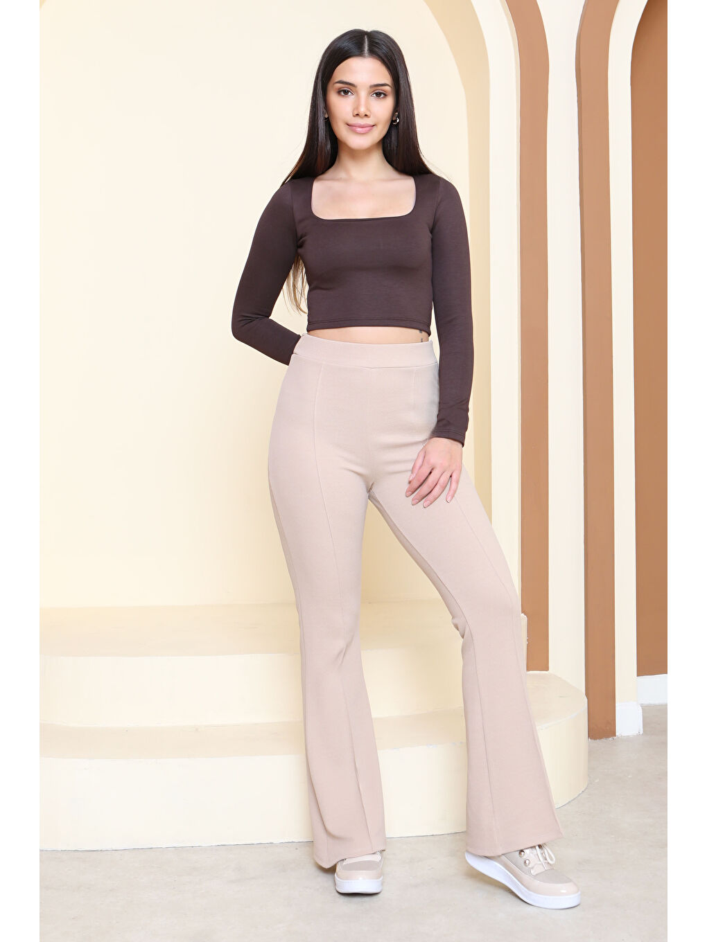 Çımalı İspanyol Paça Krep Pantolon Bej - 27623-BEJ