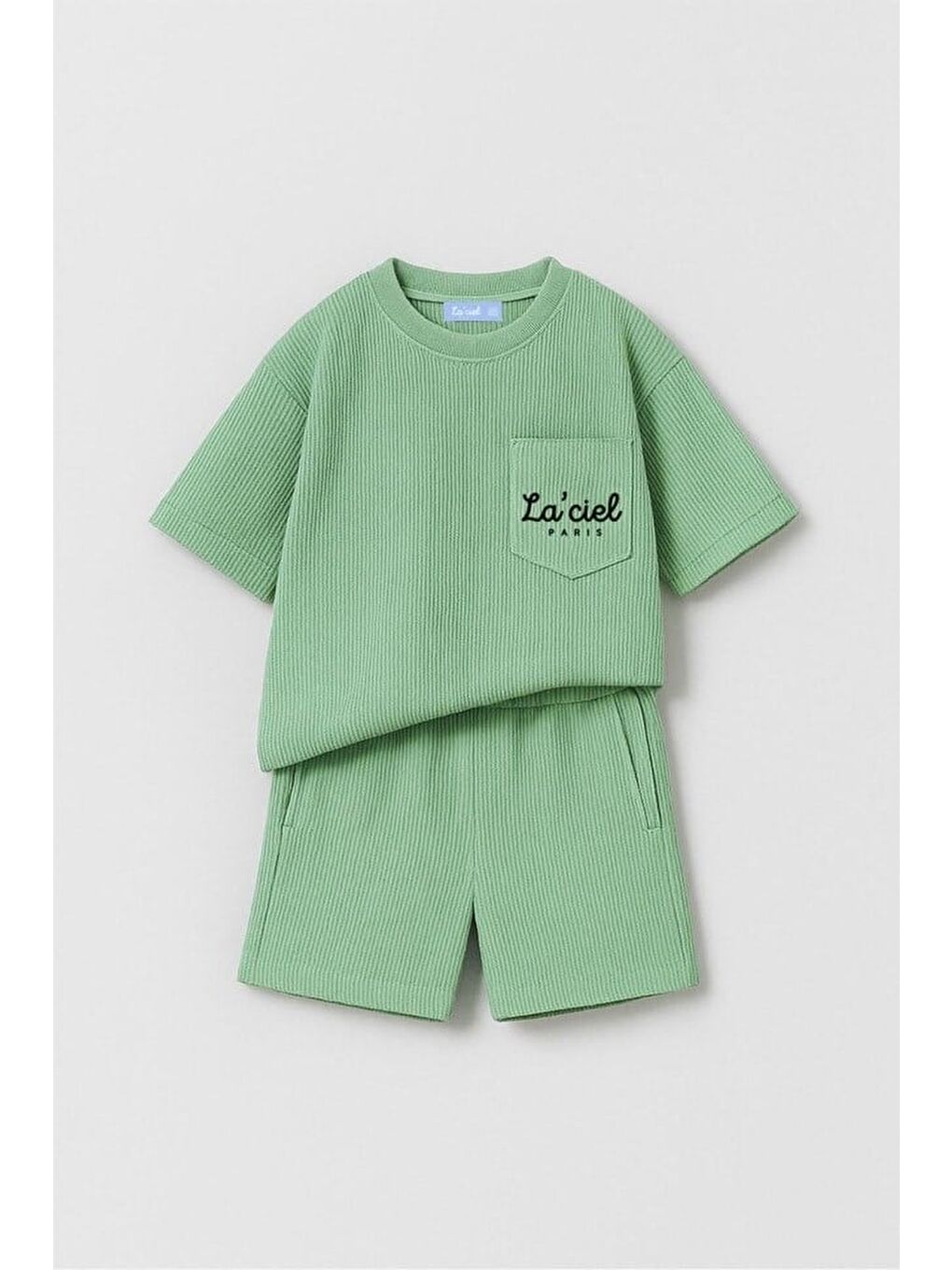 Unisex Çocuk Pamuklu Yeşil Gofre Tişört Şort Takım - Cepli-1