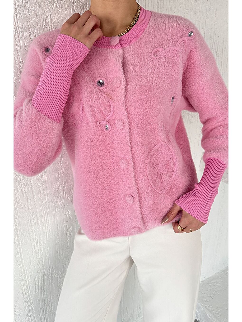 Pembe Kadın Pul İşlemeli Yumoş İplik Triko Ceket (s-m-l-xl Uyumludur)