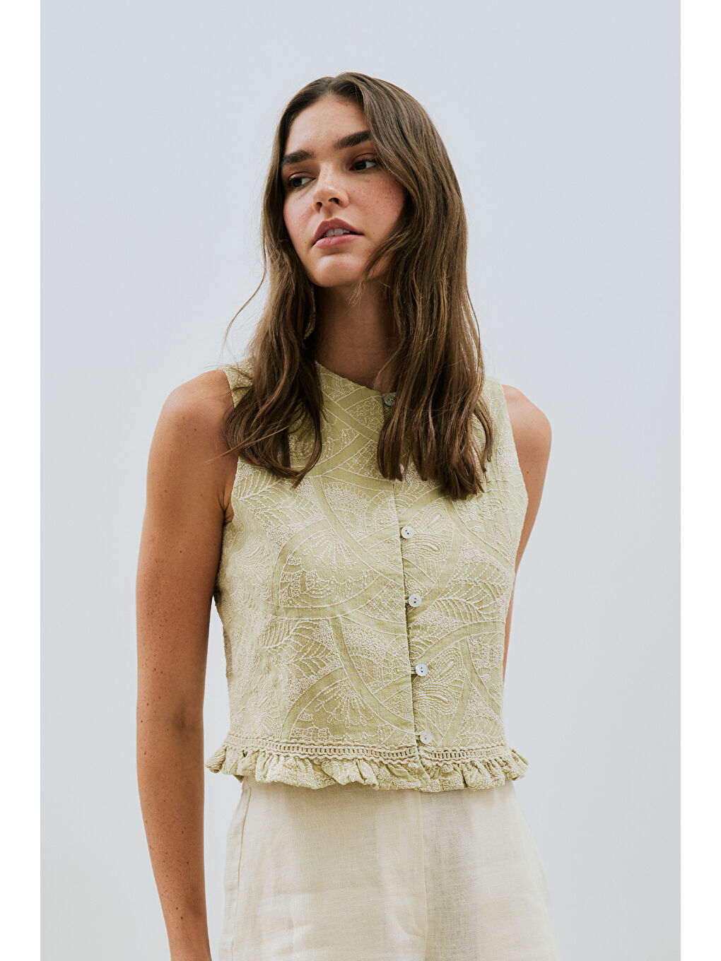 Dokulu Nakışlı Yelek Soft Yeşil-4