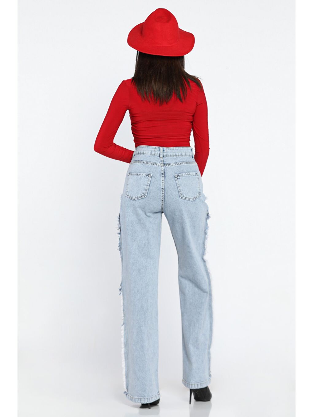 Mavi Püsküllü Tarz Kadın Bol Paça Jean Pantolon-4