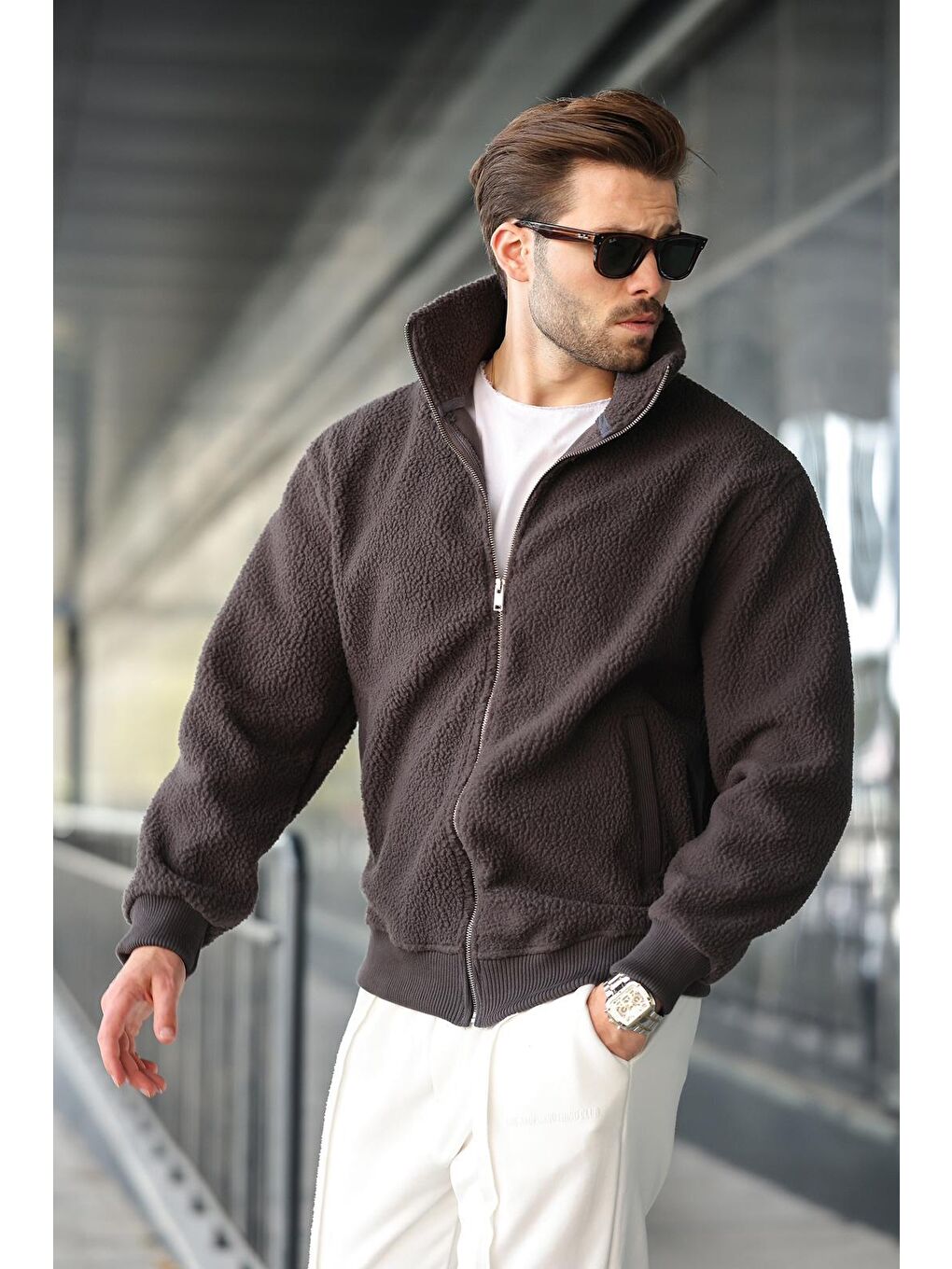 Gri Füme Fermuarlı Dik Yaka Erkek Polar Hırka E7166-2