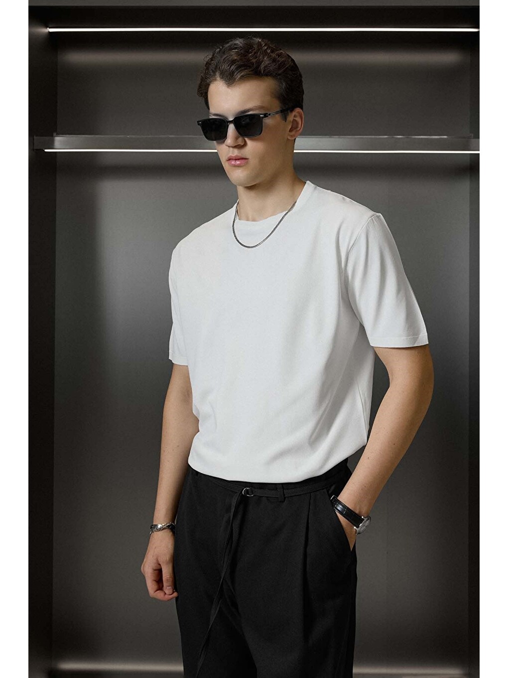 Erkek Slim Fit Triko Bisiklet Yaka Basic T-shirt Ekru-2