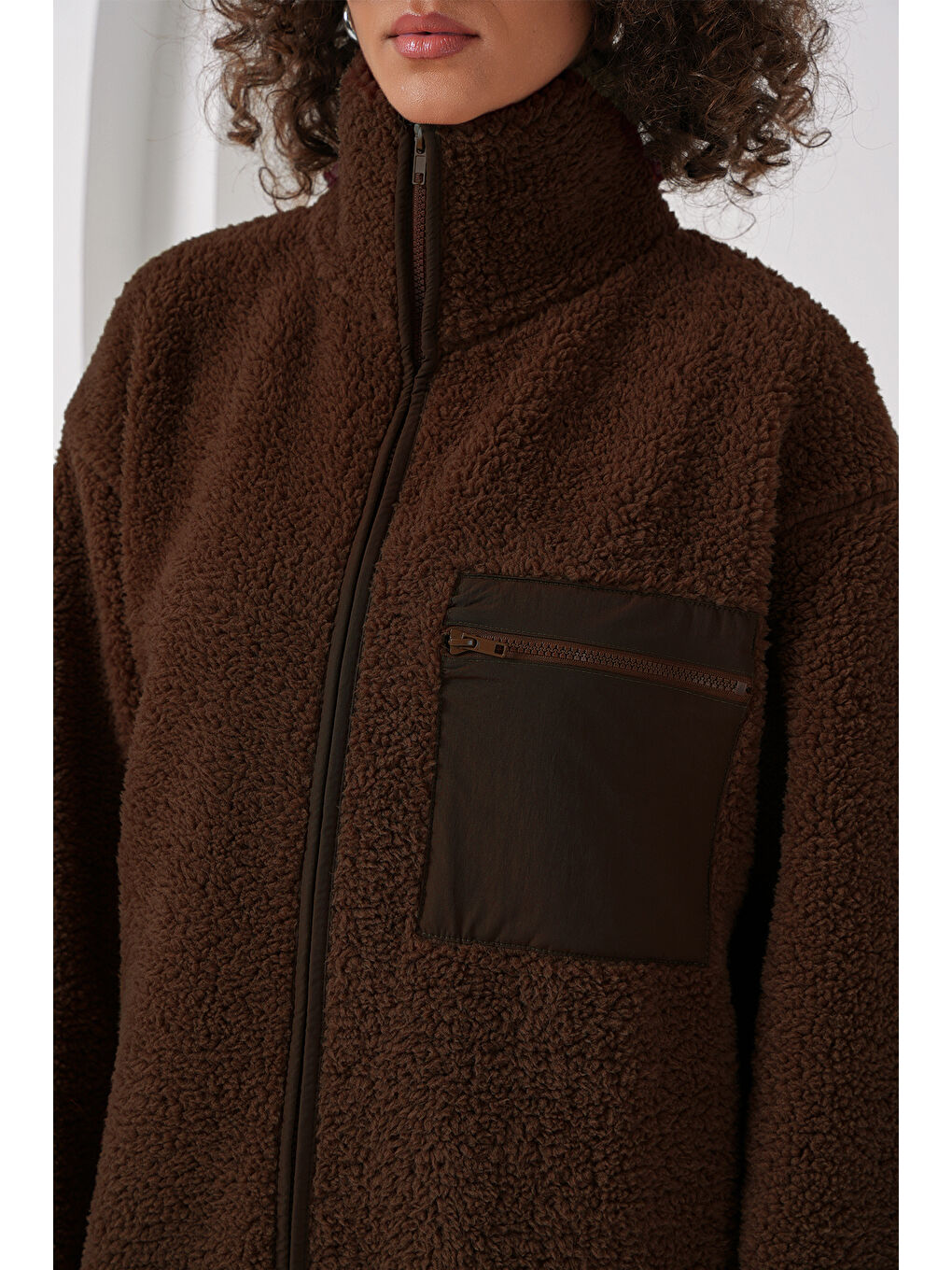 55446 Fermuarlı Oversize Pelüş Ceket Mont - Kahverengi-1