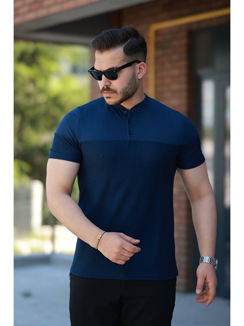 Lacivert Erkek Hakim Yakalı Kısa Kollu Pamuklu T-shirt