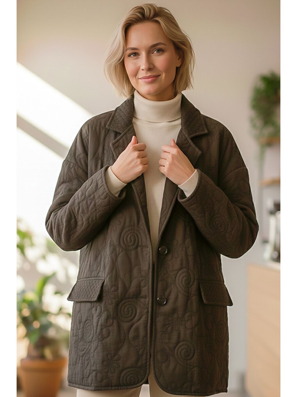 İtalyan Kahverengi Ceket Yaka Uzun Kol Düğmeli Allover Nakışlı Kapitone Oversize Dokuma Ceket 78 70-4