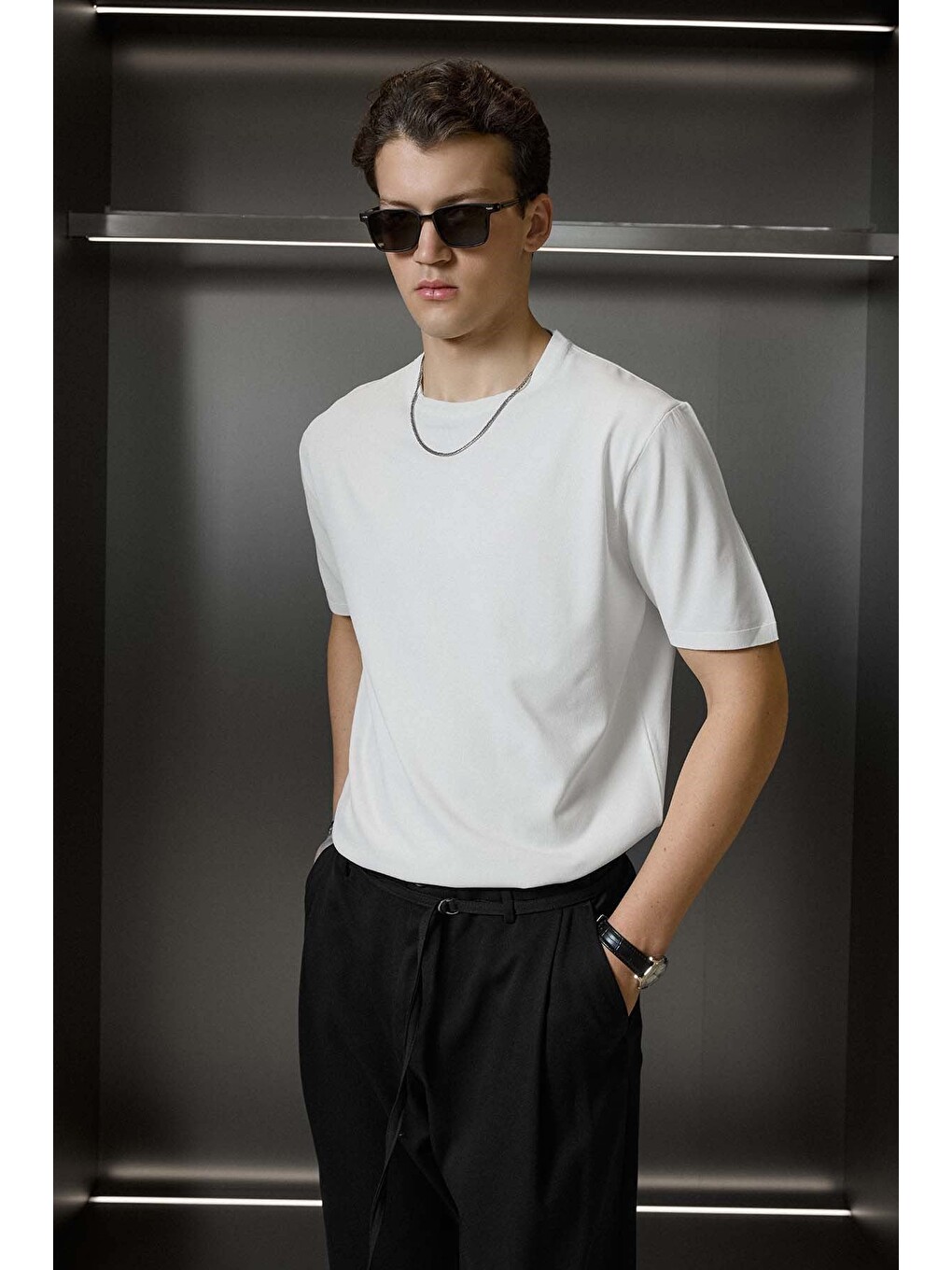 Erkek Slim Fit Triko Bisiklet Yaka Basic T-shirt Ekru-4