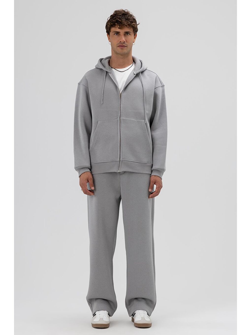 Basic Fermuarlı Oversize Kapüşonlu Sweatshirt Gri