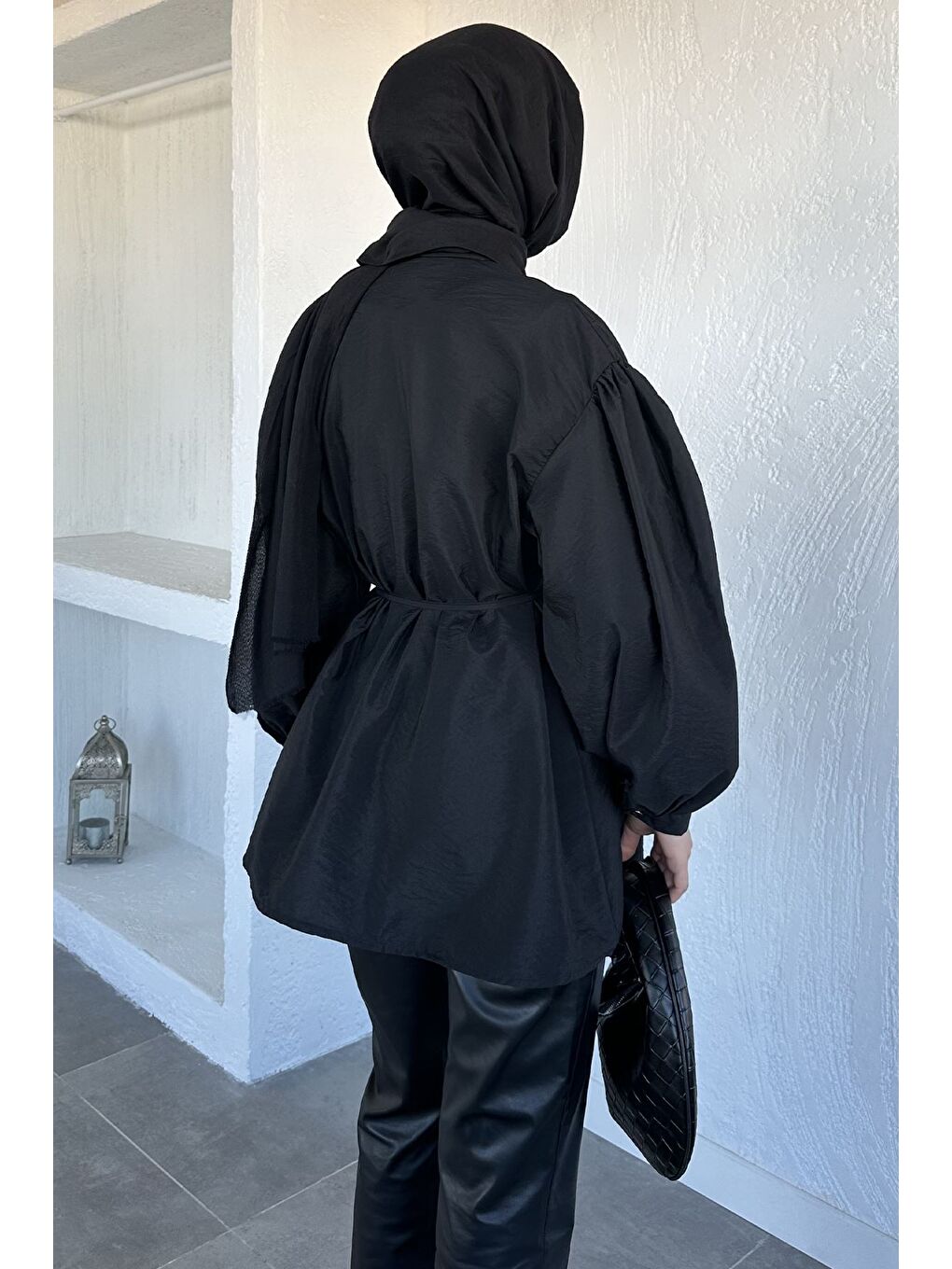 Siyah Balon Kol Bel Bağlamalı Gömlek Tunik-5