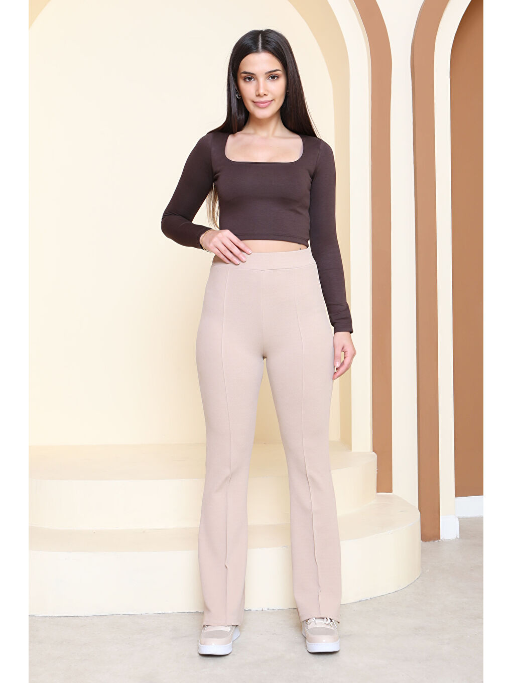 Çımalı İspanyol Paça Krep Pantolon Bej - 27623-BEJ-1