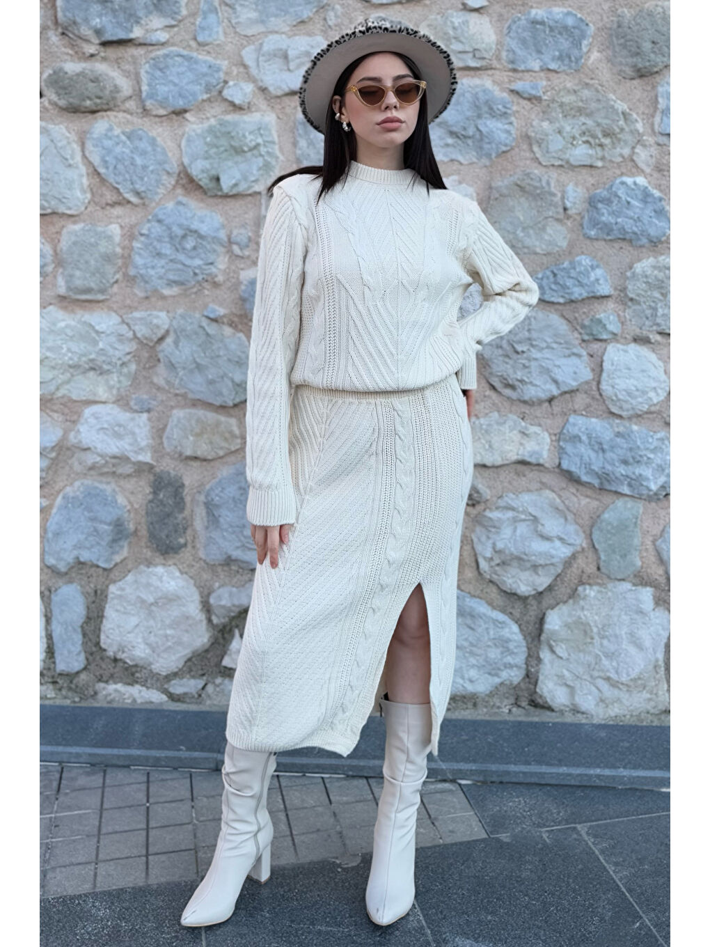 Ekru Kadın Örme Triko Bluz Etek İkili Takım