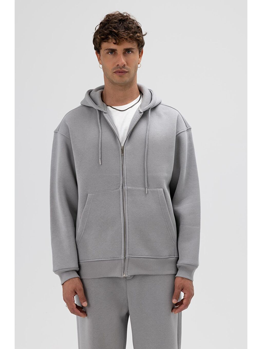Basic Fermuarlı Oversize Kapüşonlu Sweatshirt Gri-1