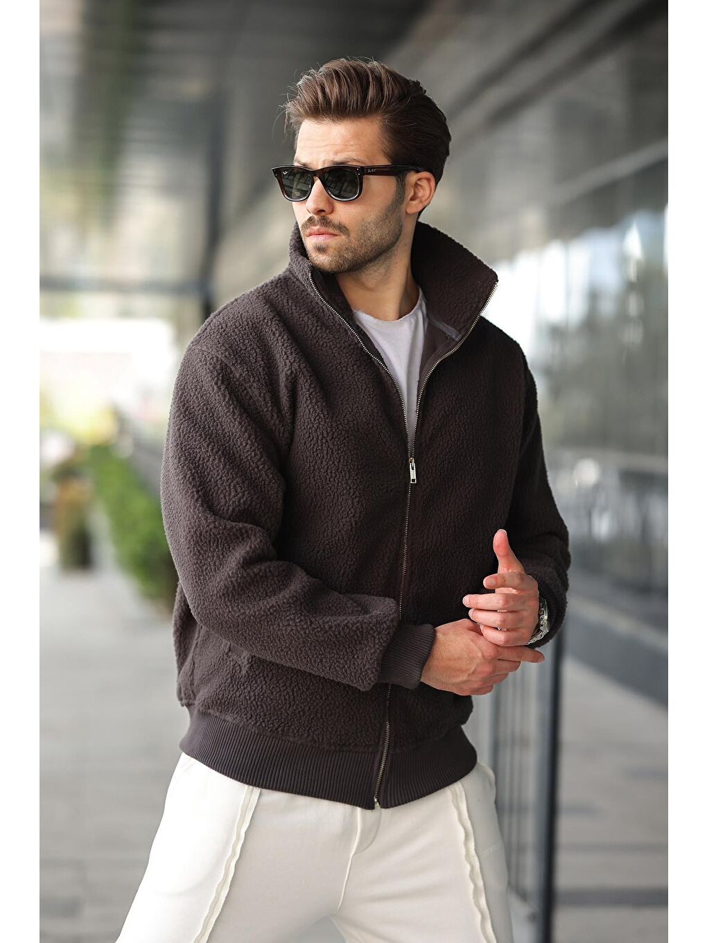 Gri Füme Fermuarlı Dik Yaka Erkek Polar Hırka E7166-3