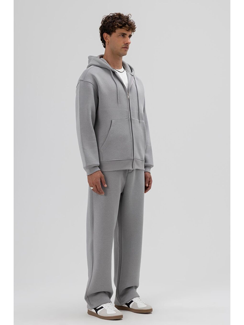 Basic Fermuarlı Oversize Kapüşonlu Sweatshirt Gri-2