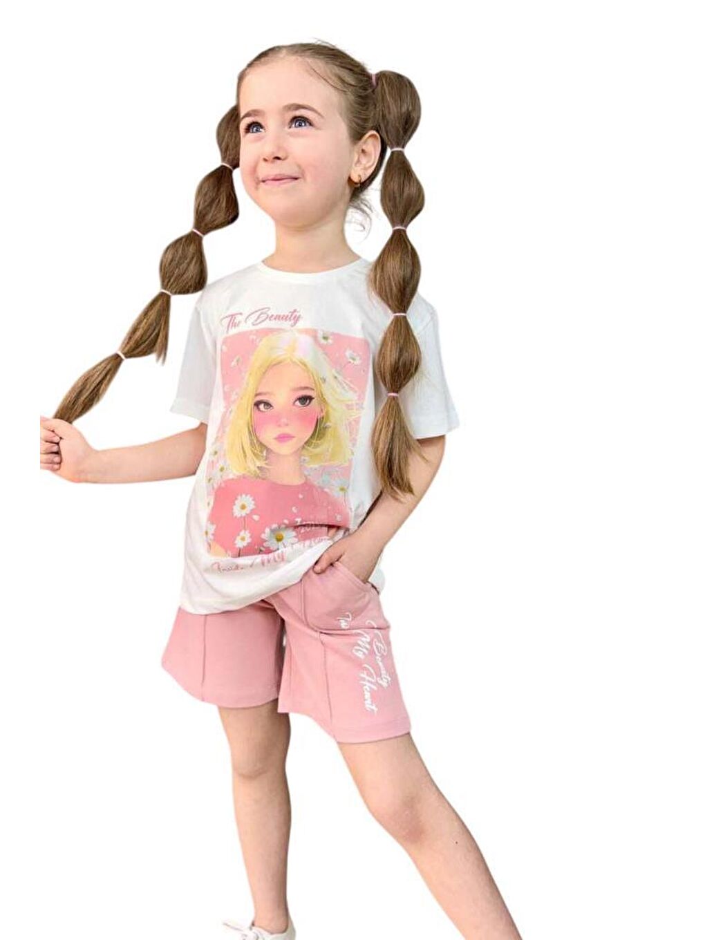 Pembe Kız Çocuk Papatya Ve The Beauty Yazı Baskılı Penye T-Shirt Pudra Şortlu Takım-2