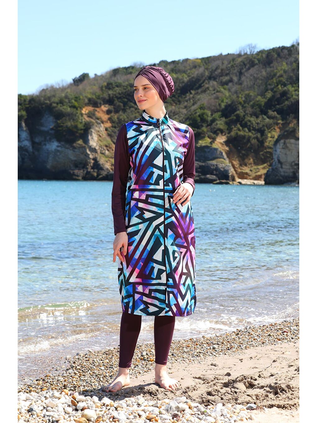 Mürdüm Dijital Baskılı Uzun Jile Model Kapalı Tesettür Mayo 3484-1