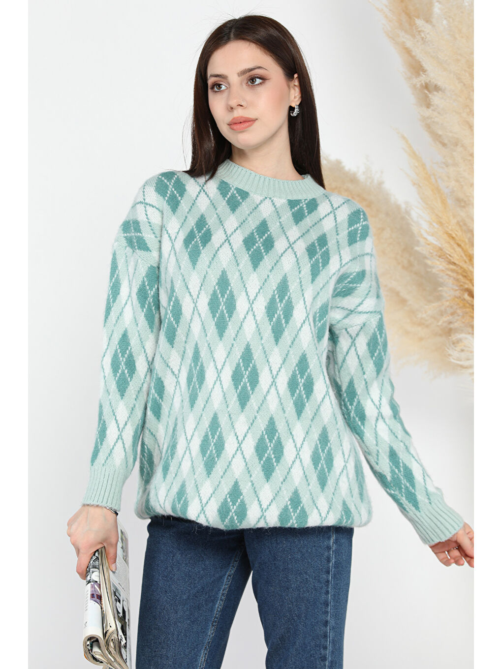 Yeşil Bisiklet Yaka Baklava Desen Kadın Triko Kazak-1