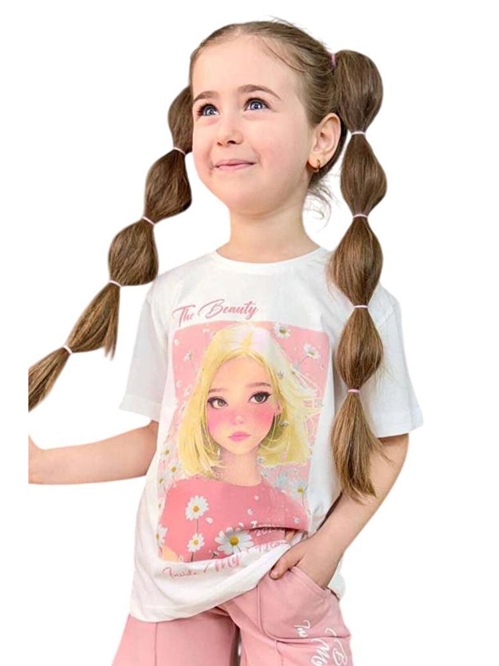 Pembe Kız Çocuk Papatya Ve The Beauty Yazı Baskılı Penye T-Shirt Pudra Şortlu Takım-3
