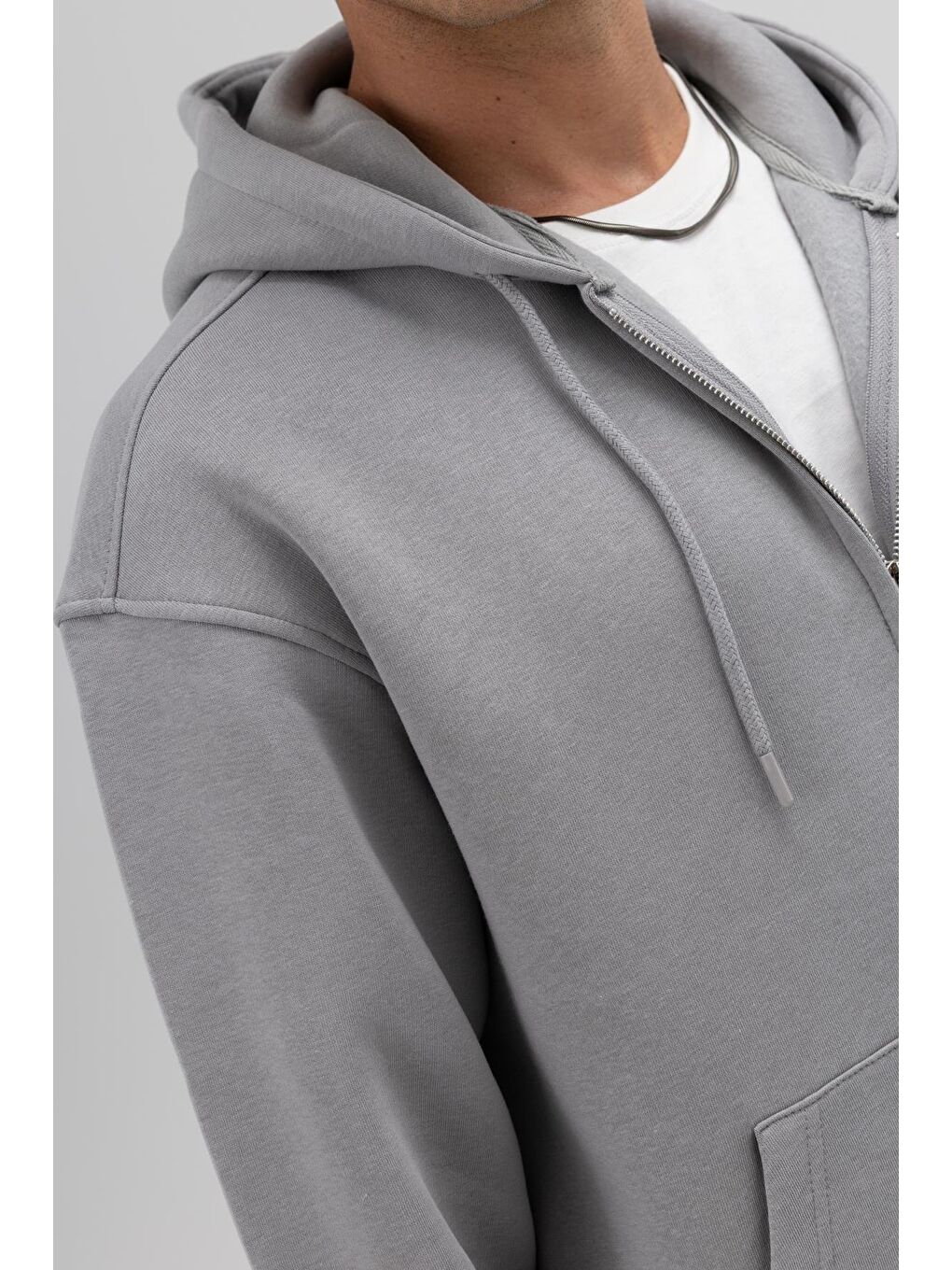 Basic Fermuarlı Oversize Kapüşonlu Sweatshirt Gri-3