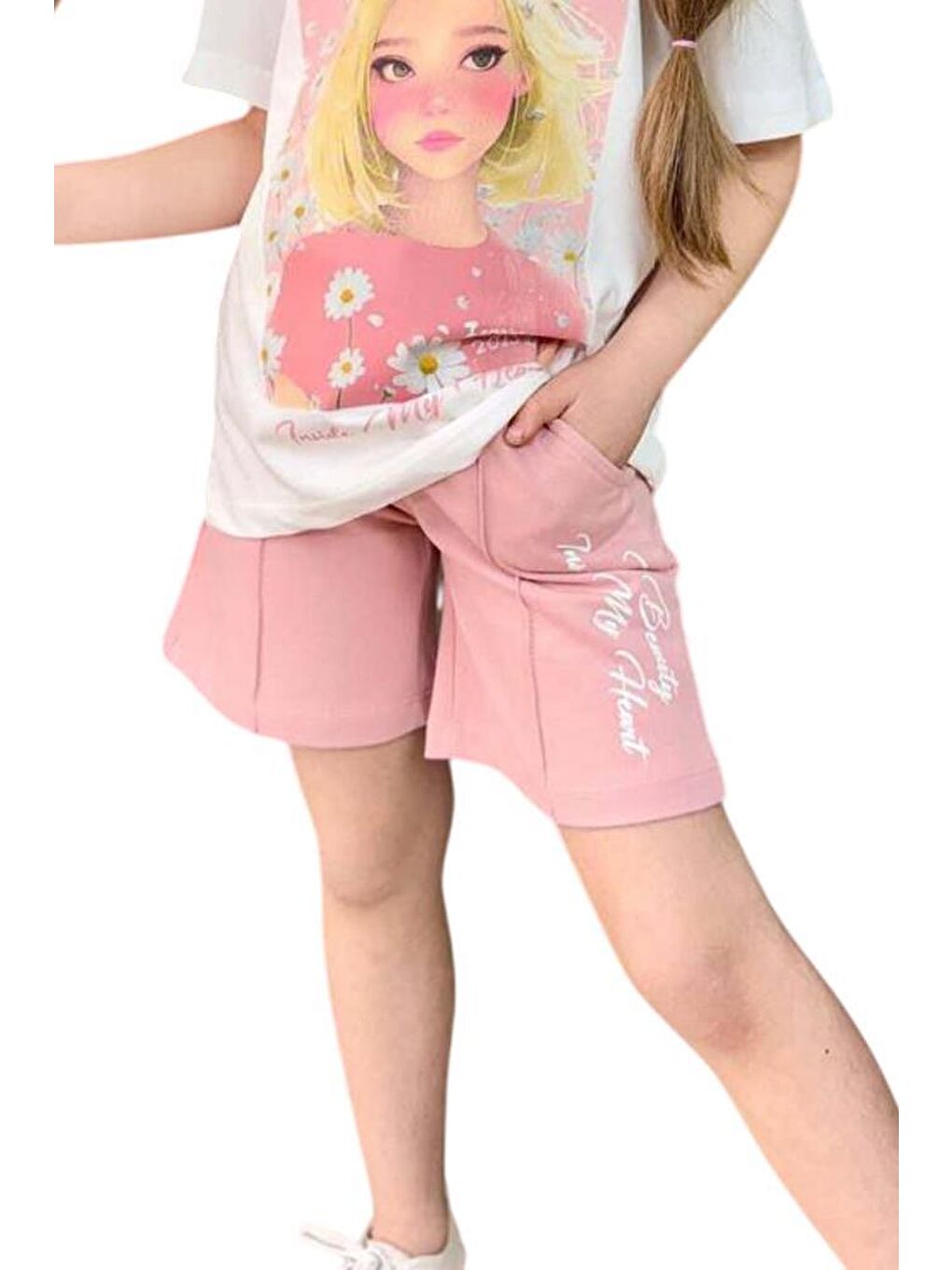 Pembe Kız Çocuk Papatya Ve The Beauty Yazı Baskılı Penye T-Shirt Pudra Şortlu Takım-4