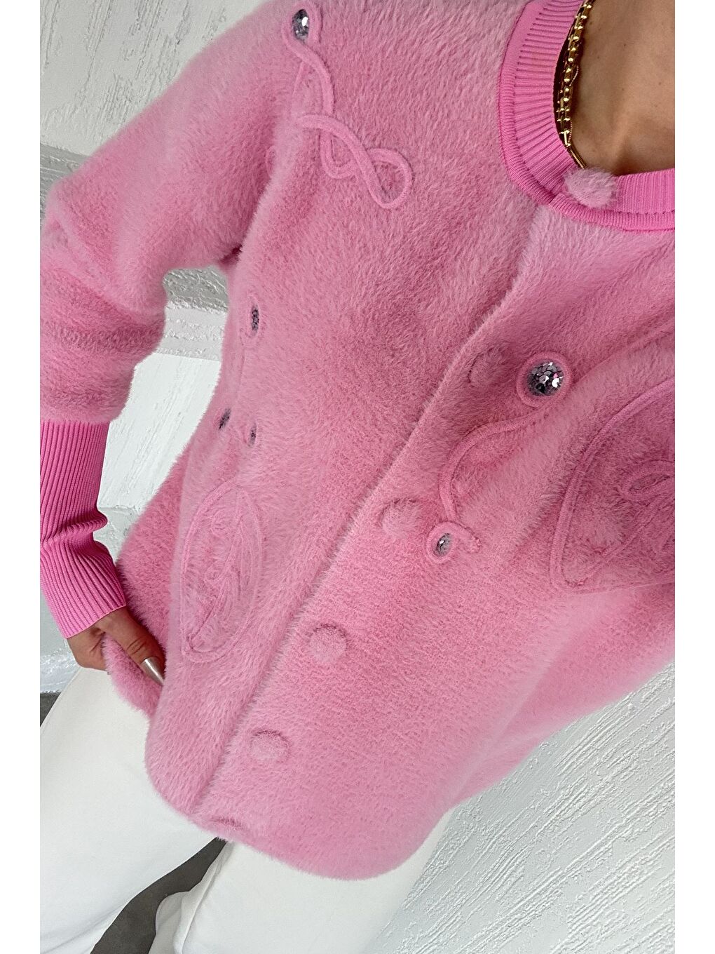 Pembe Kadın Pul İşlemeli Yumoş İplik Triko Ceket (s-m-l-xl Uyumludur)-1