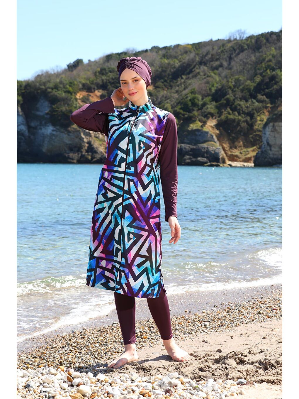 Mürdüm Dijital Baskılı Uzun Jile Model Kapalı Tesettür Mayo 3484-2