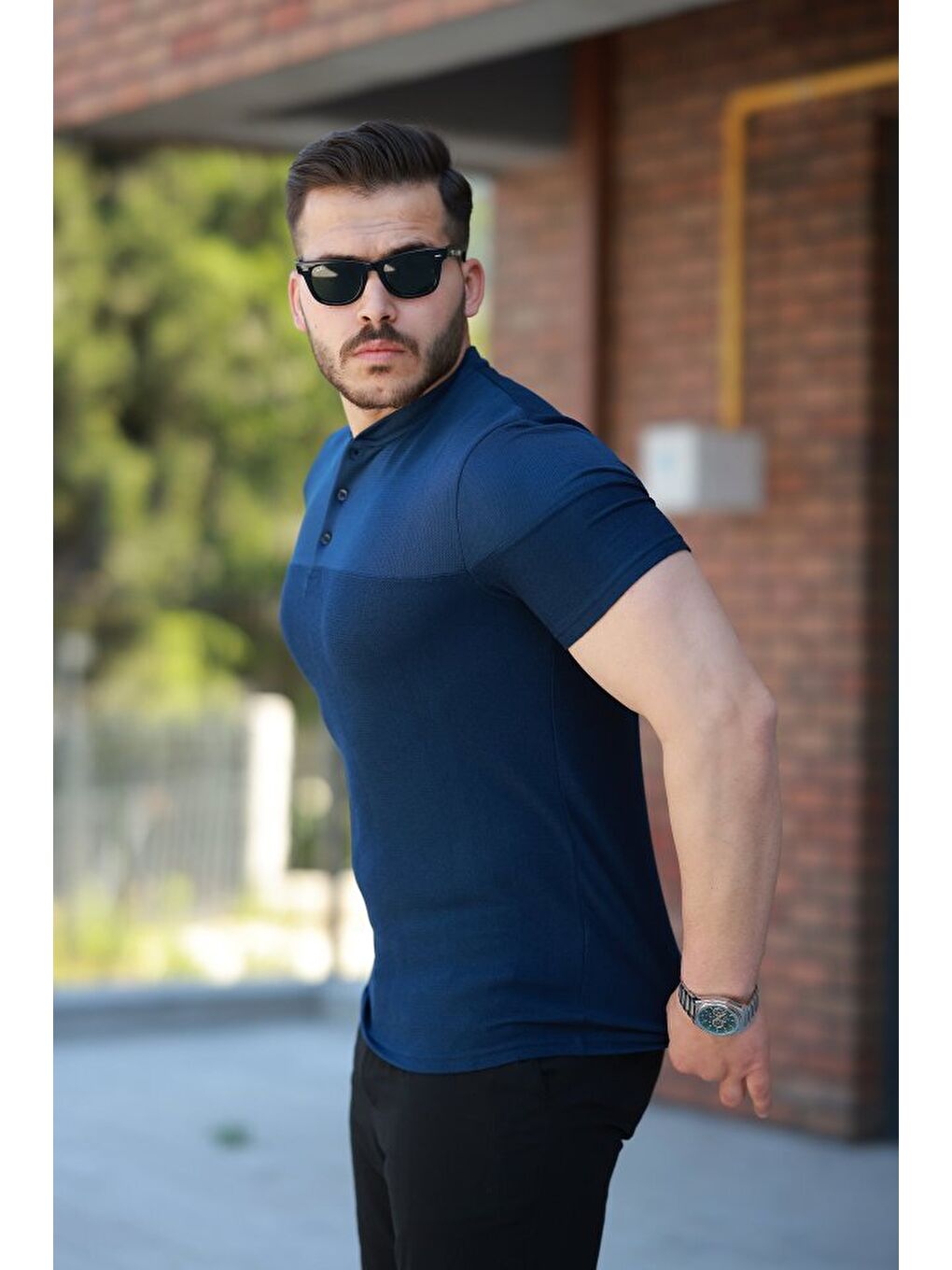 Lacivert Erkek Hakim Yakalı Kısa Kollu Pamuklu T-shirt-1