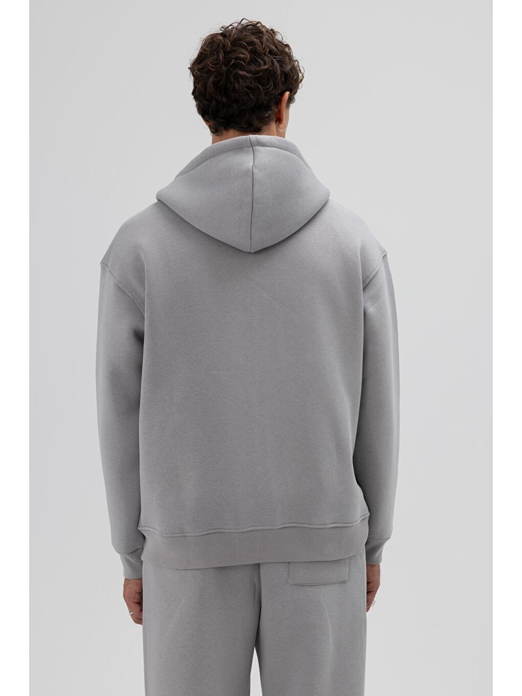 Basic Fermuarlı Oversize Kapüşonlu Sweatshirt Gri-4