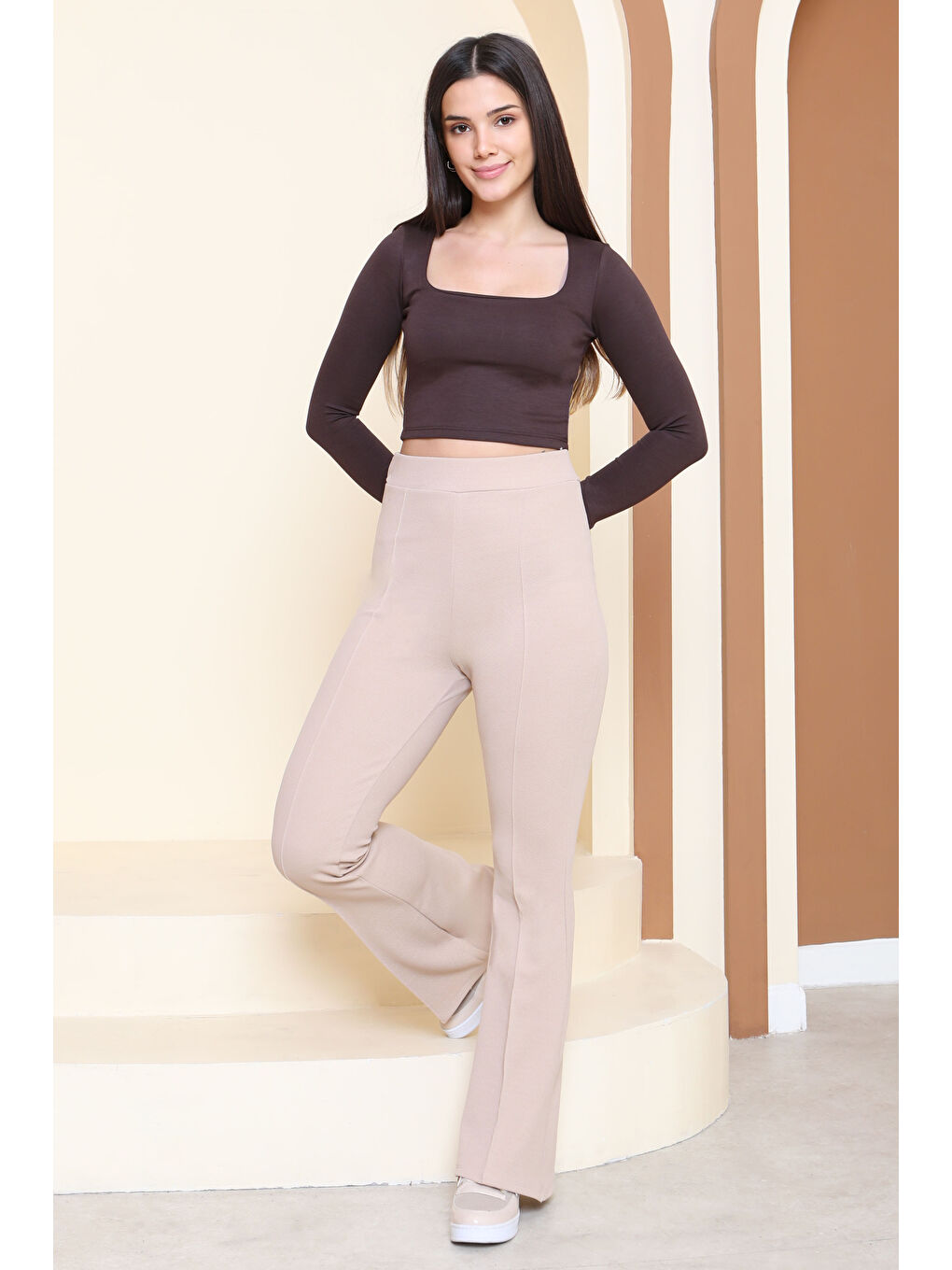 Çımalı İspanyol Paça Krep Pantolon Bej - 27623-BEJ-2