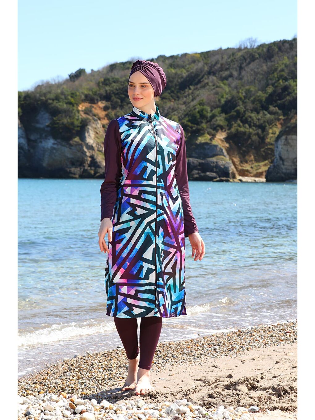 Mürdüm Dijital Baskılı Uzun Jile Model Kapalı Tesettür Mayo 3484-3