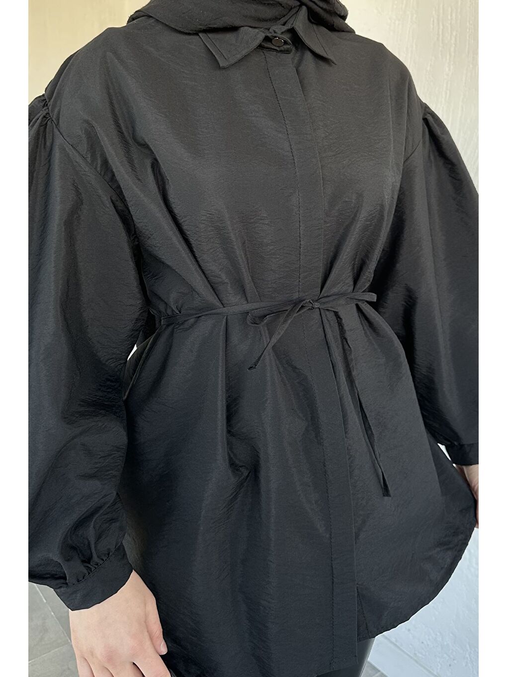 Siyah Balon Kol Bel Bağlamalı Gömlek Tunik-7