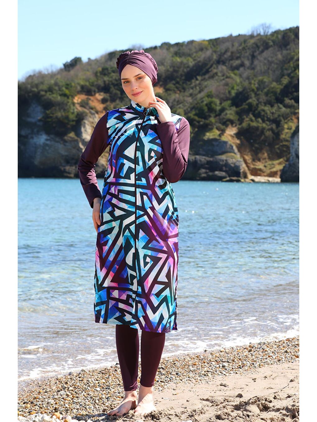 Mürdüm Dijital Baskılı Uzun Jile Model Kapalı Tesettür Mayo 3484-4