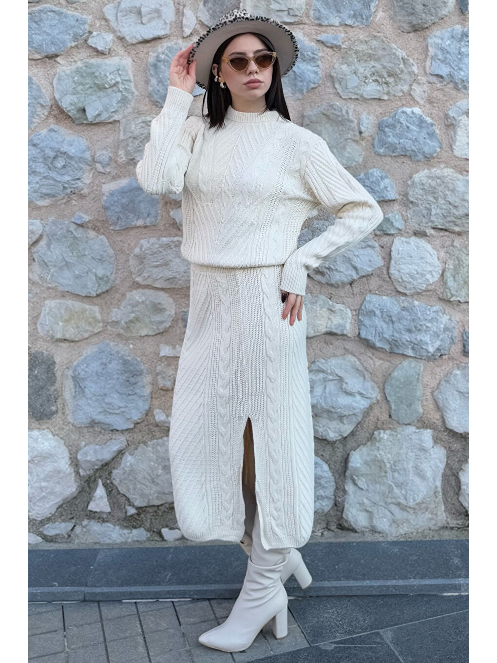 Ekru Kadın Örme Triko Bluz Etek İkili Takım-1