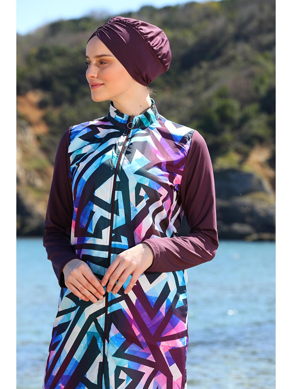 Mürdüm Dijital Baskılı Uzun Jile Model Kapalı Tesettür Mayo 3484-5