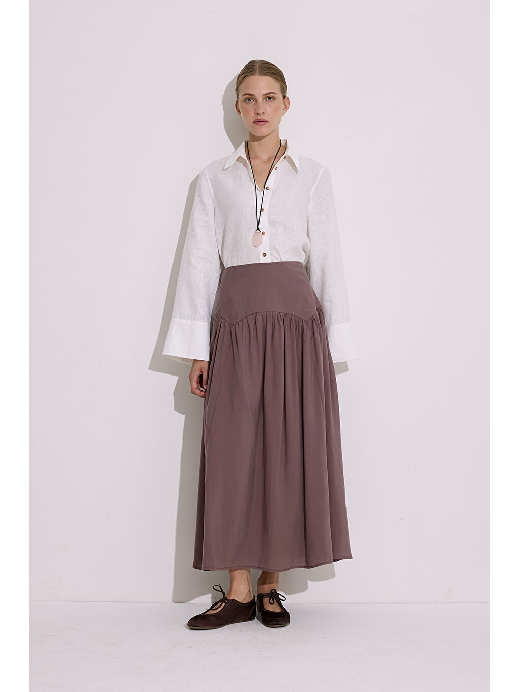 Pembe Modal Büzgülü Uzun Etek Gül Kurusu-1