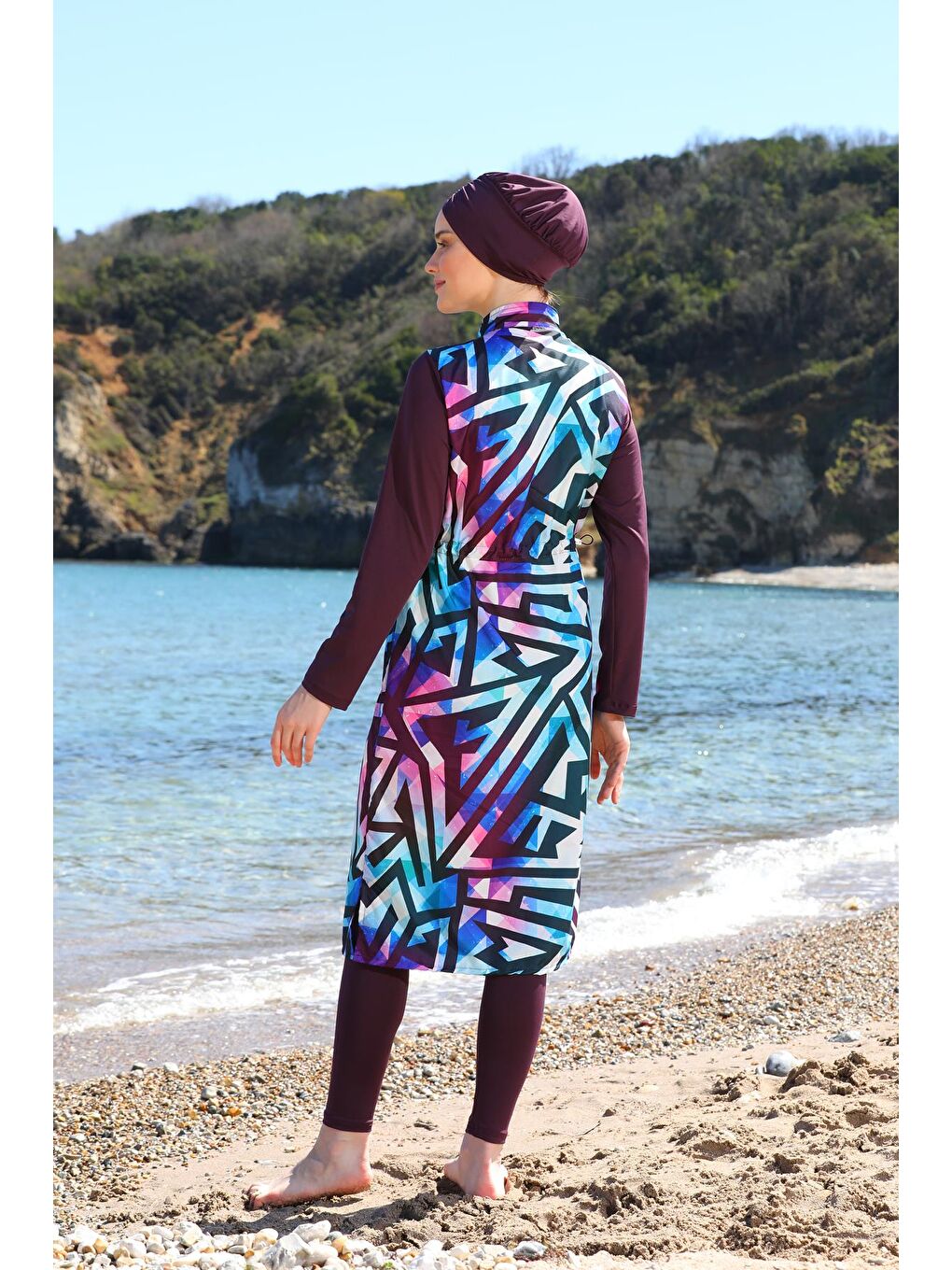 Mürdüm Dijital Baskılı Uzun Jile Model Kapalı Tesettür Mayo 3484-6