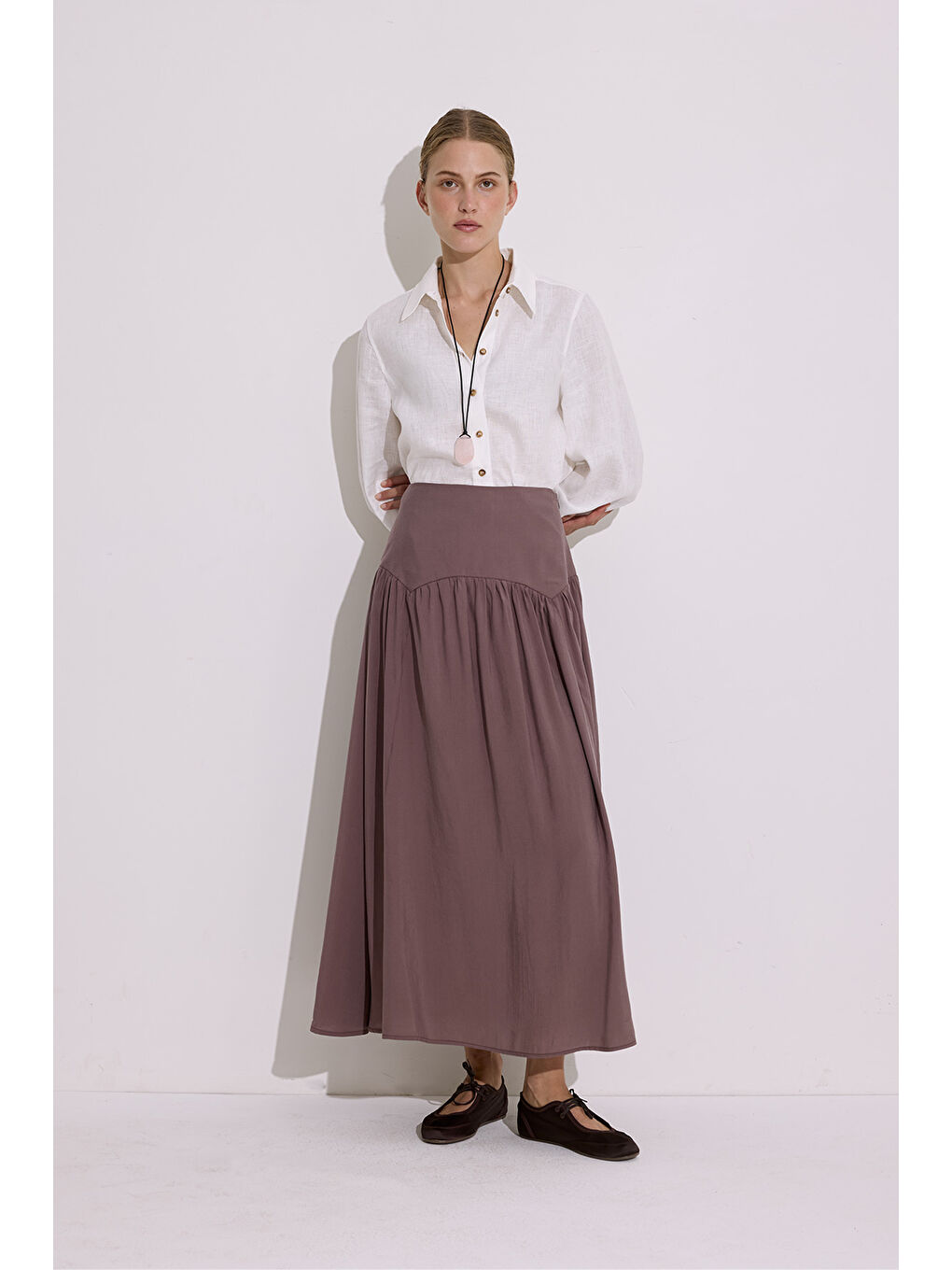 Pembe Modal Büzgülü Uzun Etek Gül Kurusu-2