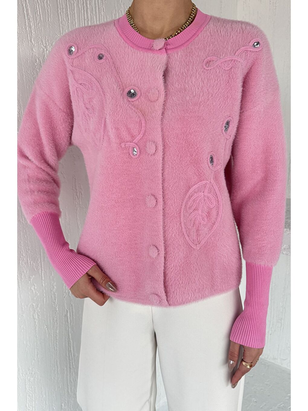 Pembe Kadın Pul İşlemeli Yumoş İplik Triko Ceket (s-m-l-xl Uyumludur)-2