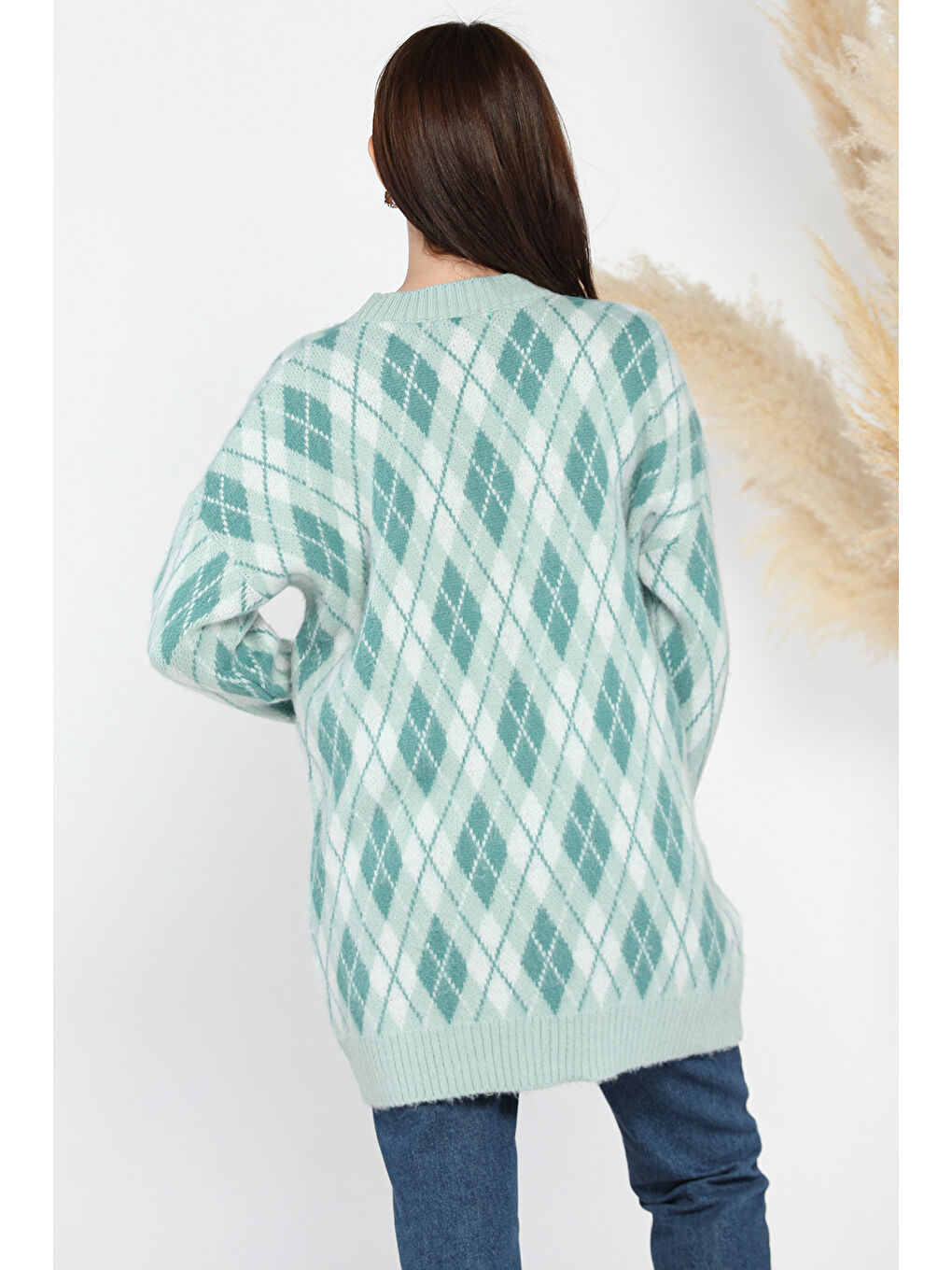 Yeşil Bisiklet Yaka Baklava Desen Kadın Triko Kazak-2