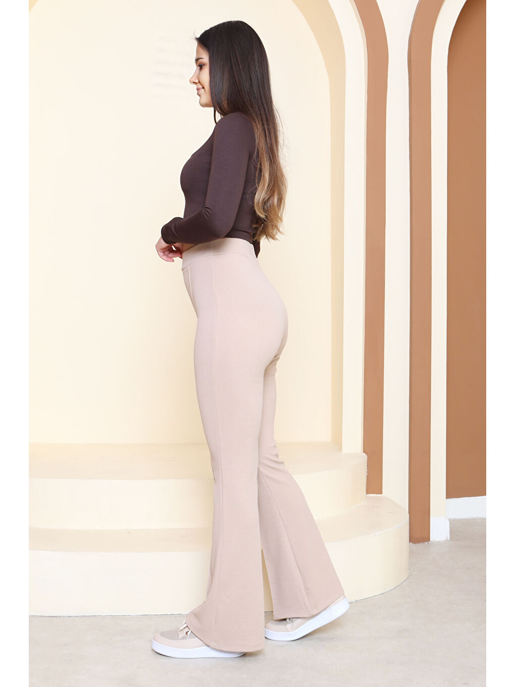 Çımalı İspanyol Paça Krep Pantolon Bej - 27623-BEJ-3