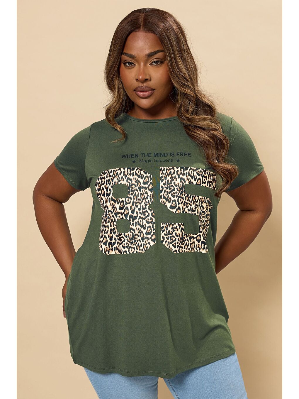 Yeşil Büyük Beden Bisiklet Yaka Kısa Kollu Baskılı T-shirt 304172