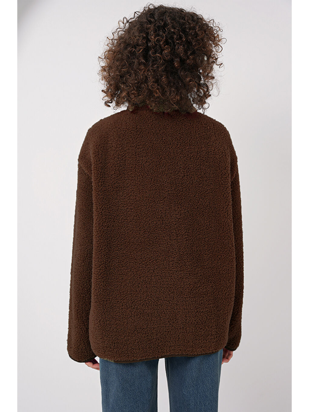 55446 Fermuarlı Oversize Pelüş Ceket Mont - Kahverengi-2