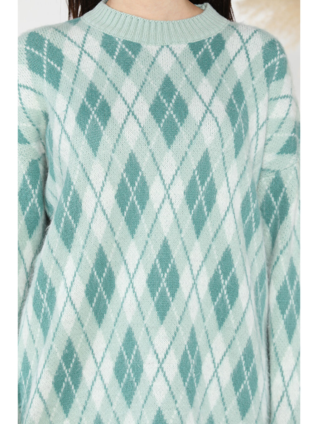 Yeşil Bisiklet Yaka Baklava Desen Kadın Triko Kazak-3