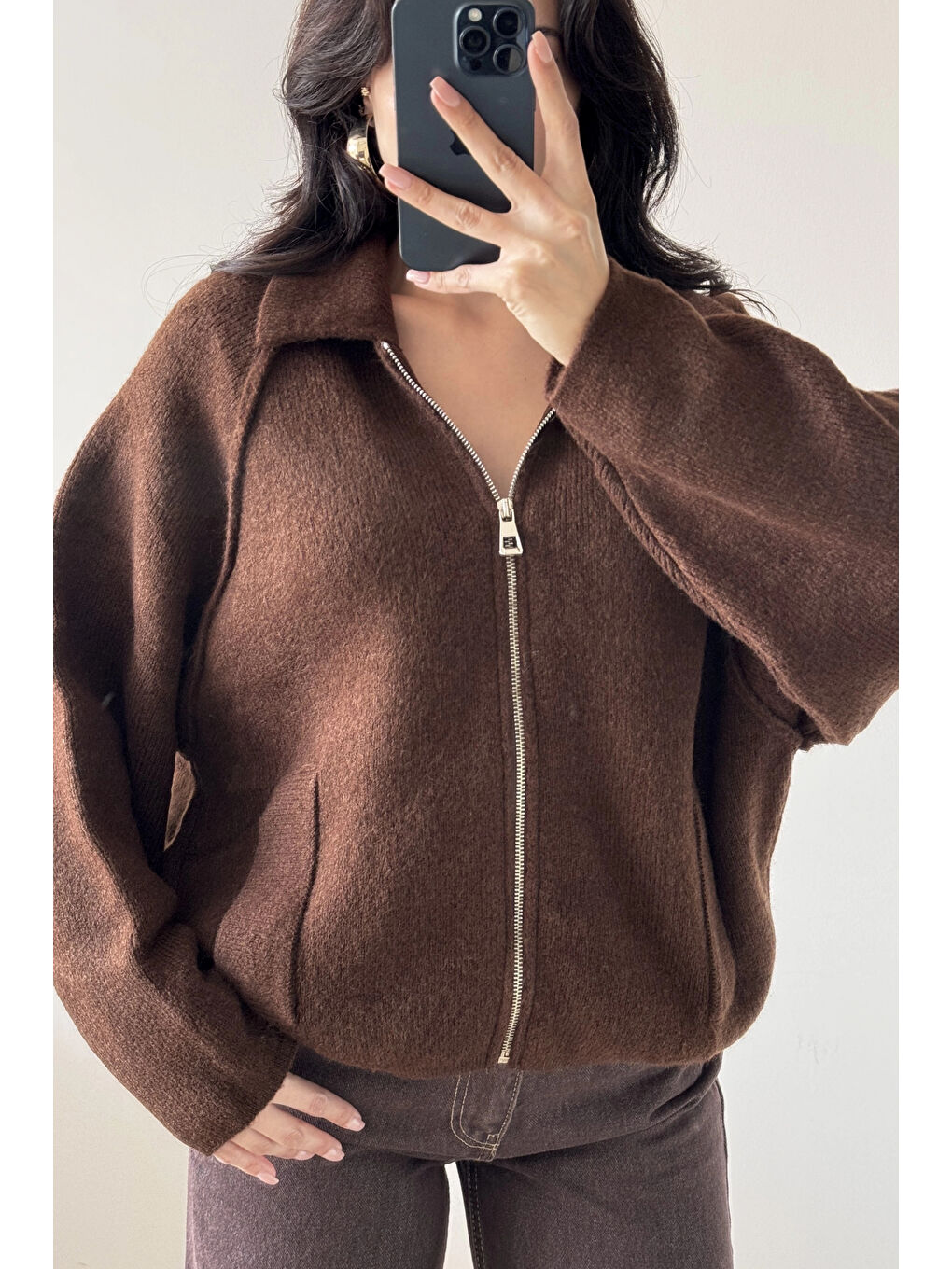 Kahverengi Kadın Kahve Fermuarlı Oversize Hırka 1014-2381