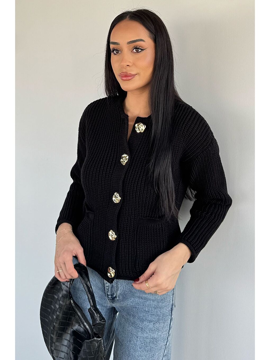 Siyah Kadın Çift Cepli Triko Ceket-1