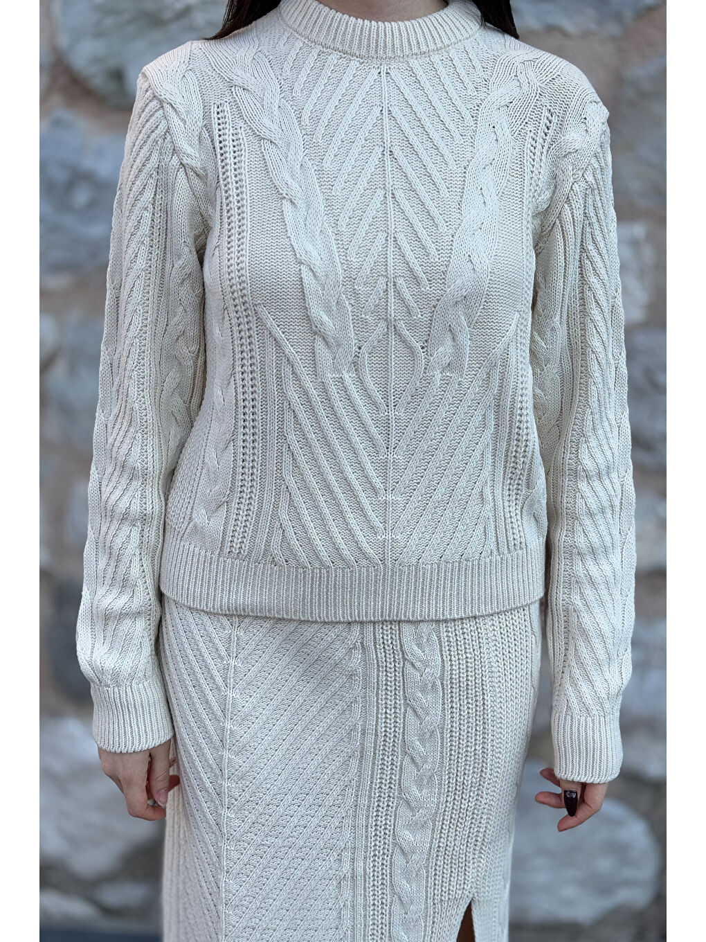 Ekru Kadın Örme Triko Bluz Etek İkili Takım-2