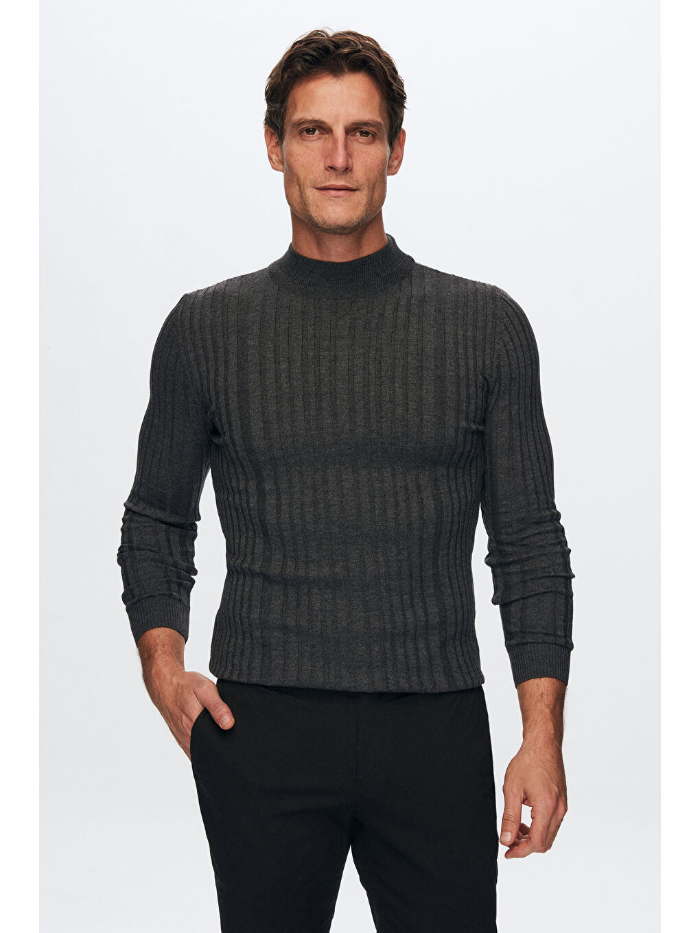 Slim Fit Antrasit Fitilli Fitilli Pamuk Yarım Balıkçı Triko Kazak