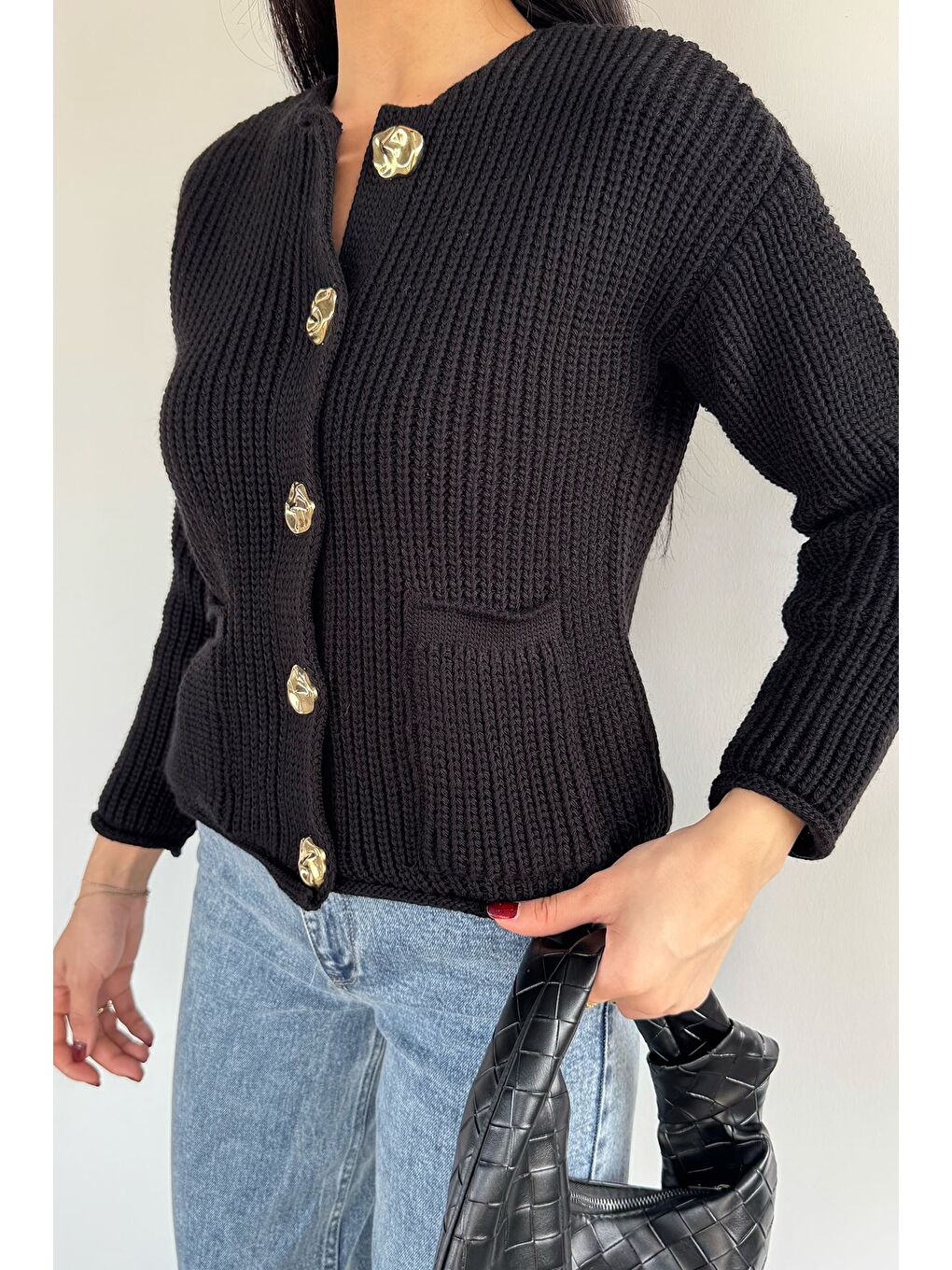 Siyah Kadın Çift Cepli Triko Ceket-2