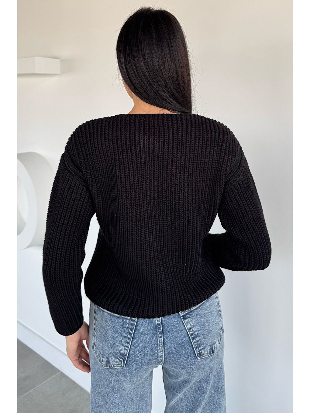 Siyah Kadın Çift Cepli Triko Ceket-3