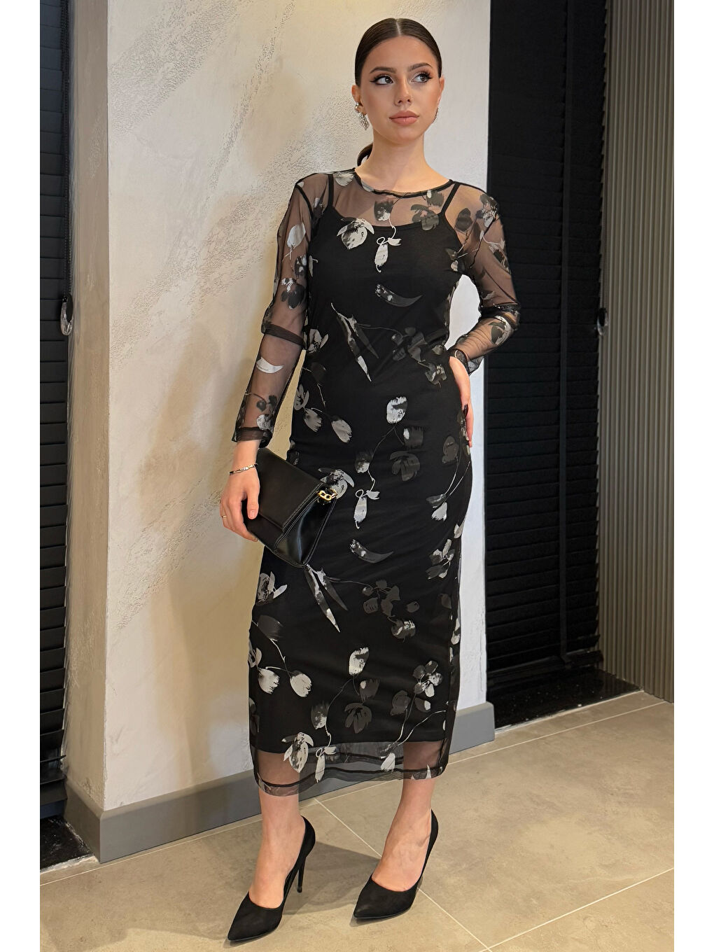 Siyah Kadın İç Astarlı Desenli Tül Elbise-2